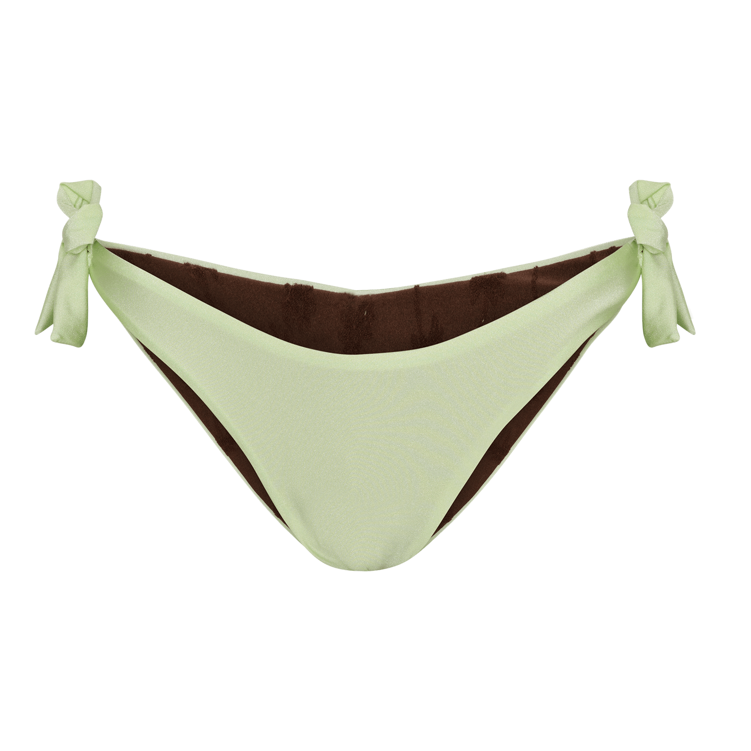 Waverly Bikini Briefs – vendbare bikinitrusser i mint og brun med justerbare bindebånd og fleksibel pasform fra SUI AVA SWIM.