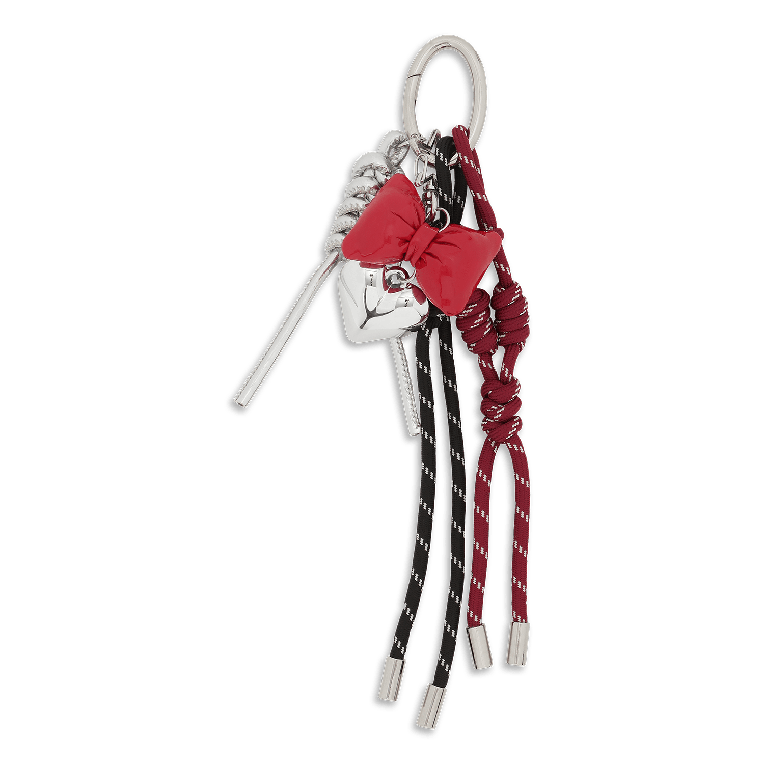 Red Mix Bag Charm – vedhæng med rød sløjfe, sølvhjerte og rebdetaljer, der tilfører et legende og moderne touch til din taske.