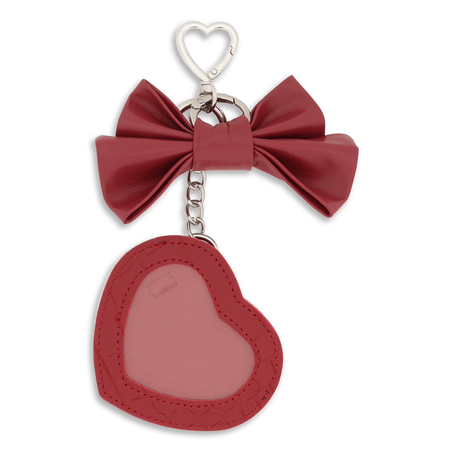 I Love You Bag Charm – rød taskecharme med sløjfe og hjertevedhæng, hvor du kan indsætte et personligt billede.