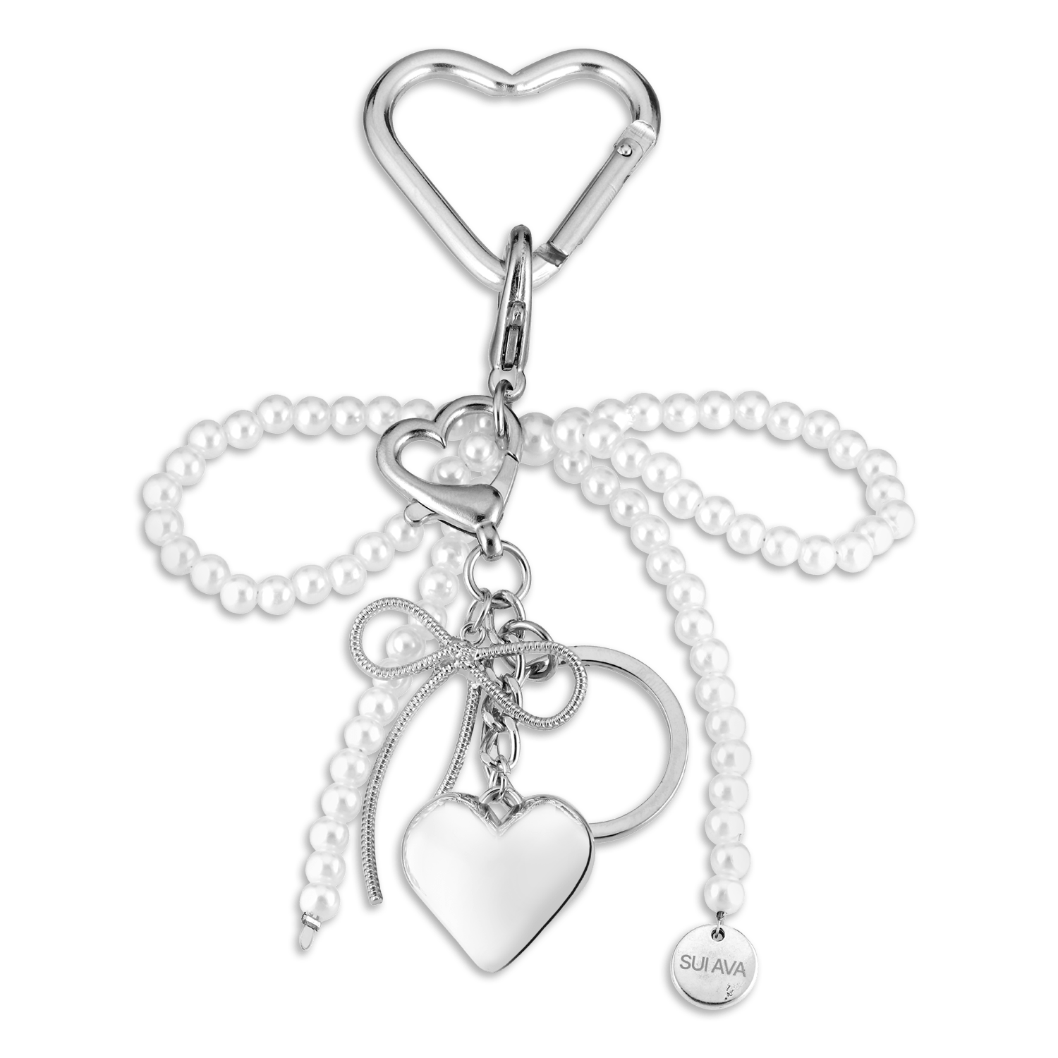 Pearly Bow Bag Charm – taskevedhæng med en elegant sløjfe af hvide perler og et hjertevedhæng i sølv.