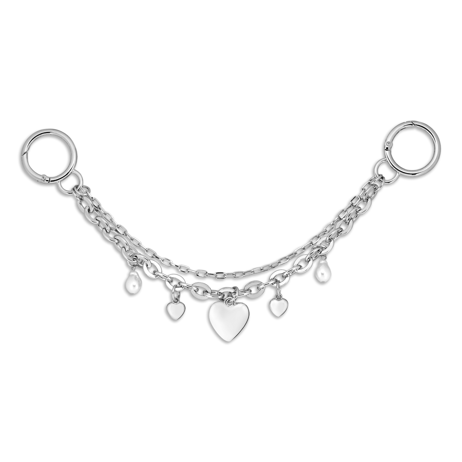 Chain w. Pearly Heart Bag Charm – sølv taskecharme med dobbelt kæde og flere perlehjerter.