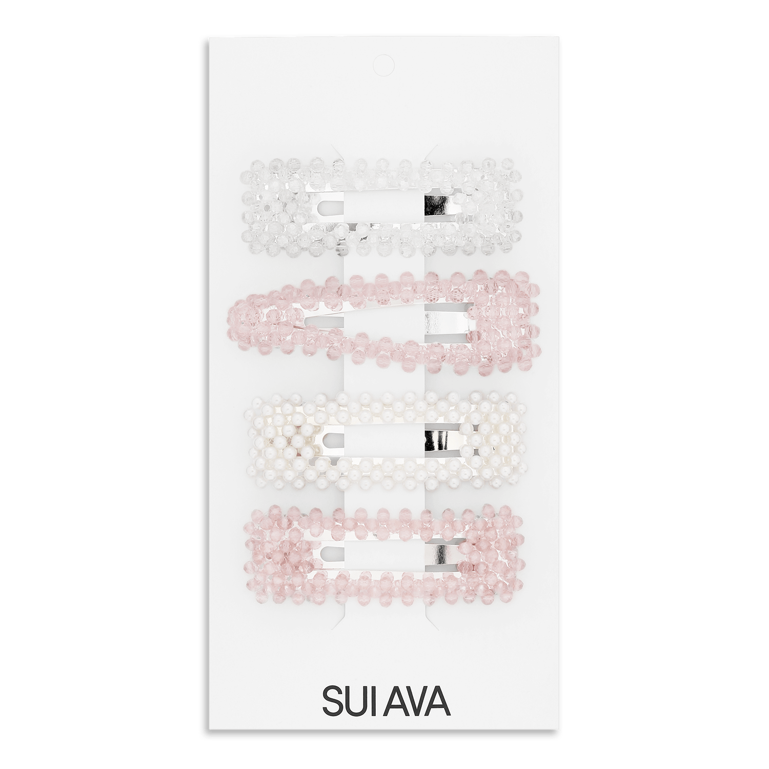 Pearly Hair Clips – sæt med fire hårspænder i rosa, klar og perlehvid med perler og krystaller fra SUI AVA