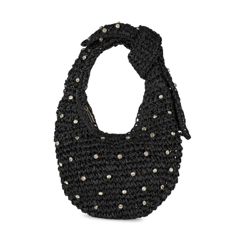 Casual Crystal Bag – sort flettet taske med rhinsten og knudehank.