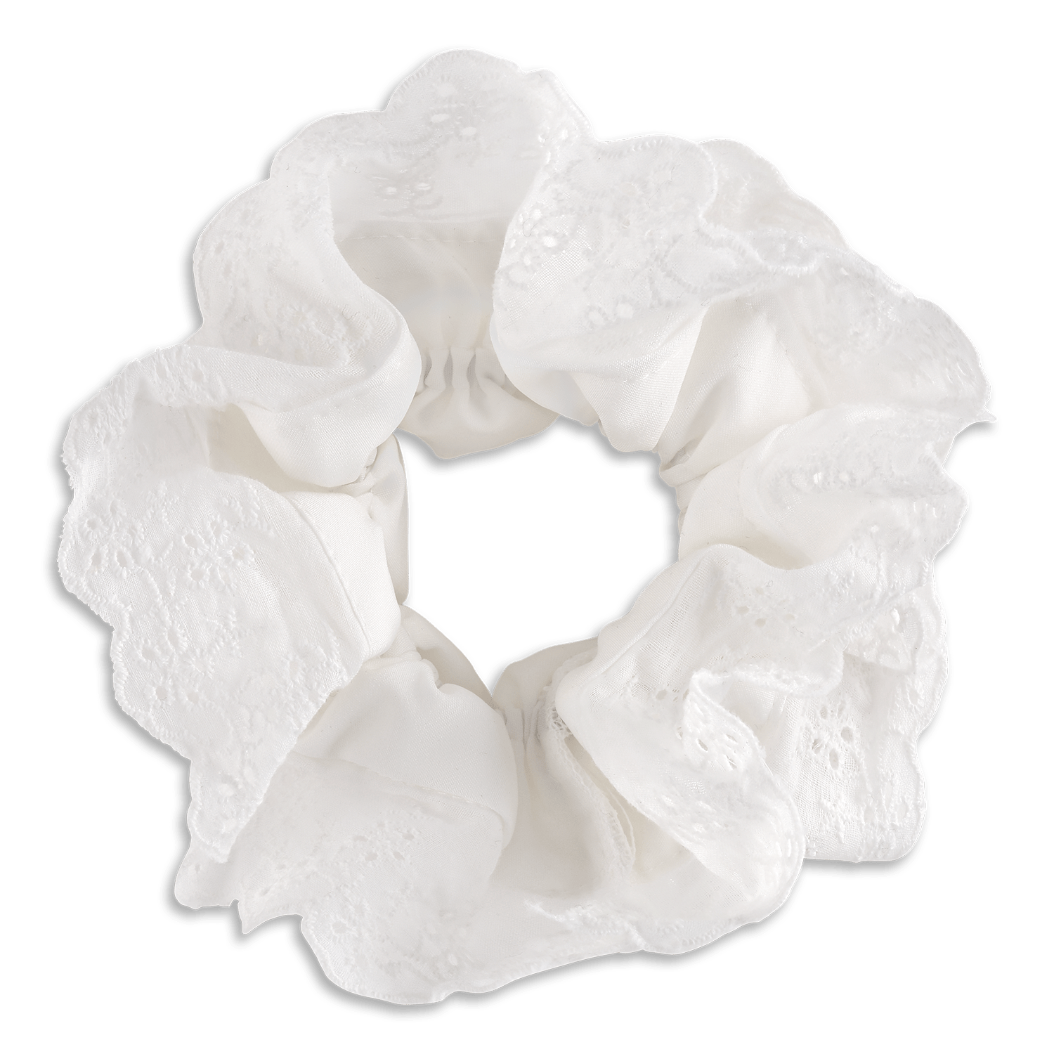 Broderie Scrunchie – hvid scrunchie med smukke broderidetaljer og let stof.