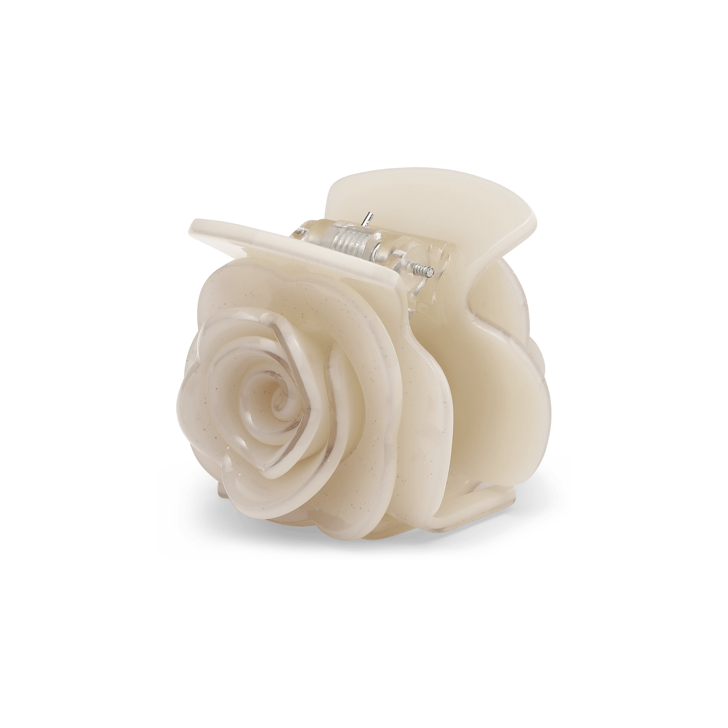 Rosie Pastel Mini – cremefarvet hårklemme med rosedesign og glitrende finish.