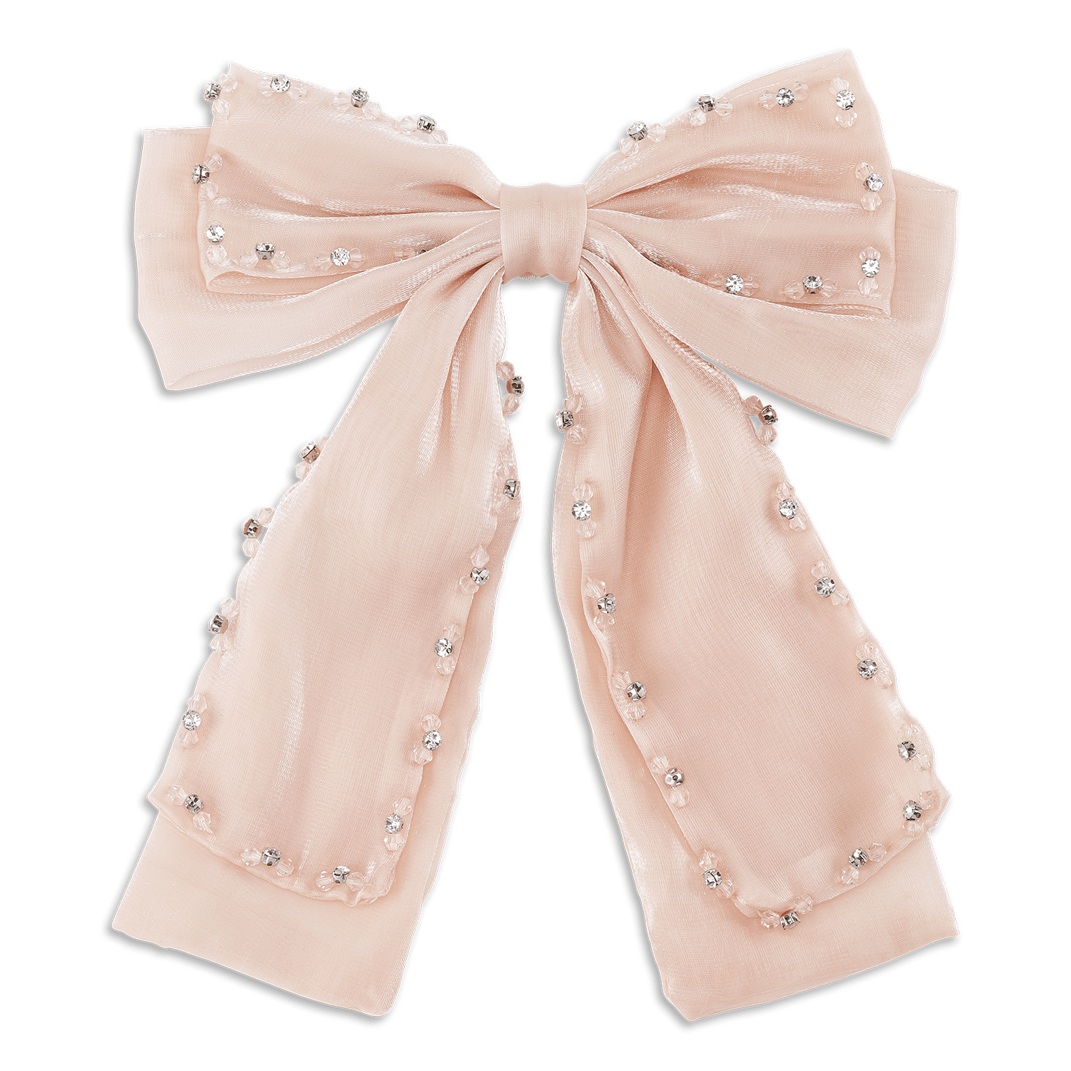 Pastel Crystal Bow – rosa hårsløjfe med perler og elegant design.