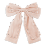 Pastel Crystal Bow – rosa hårsløjfe med perler og elegant design.