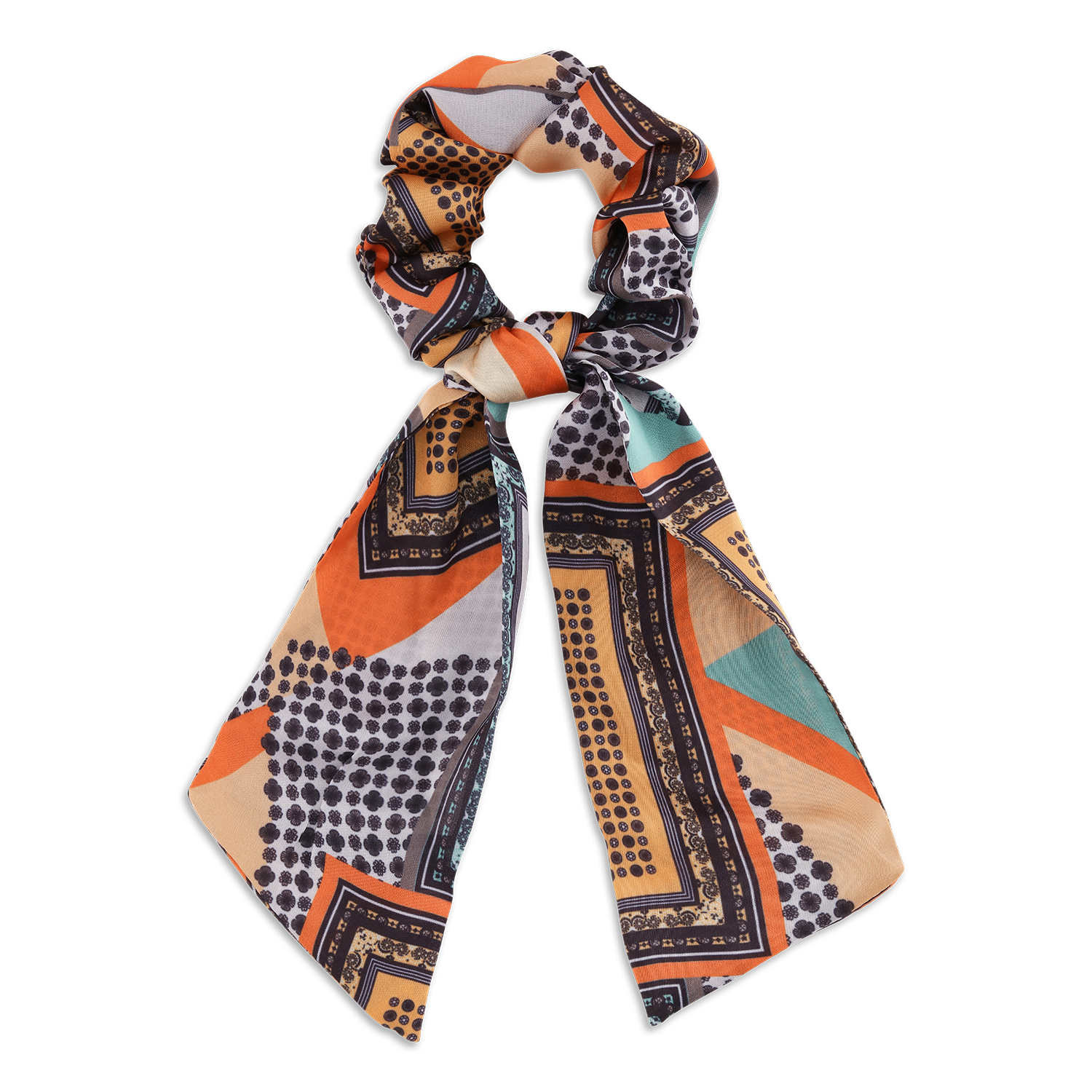 Angela Multi Scrunchie – orange scrunchie med mønstret tørklædee fekt, ideel til en elegant frisure.