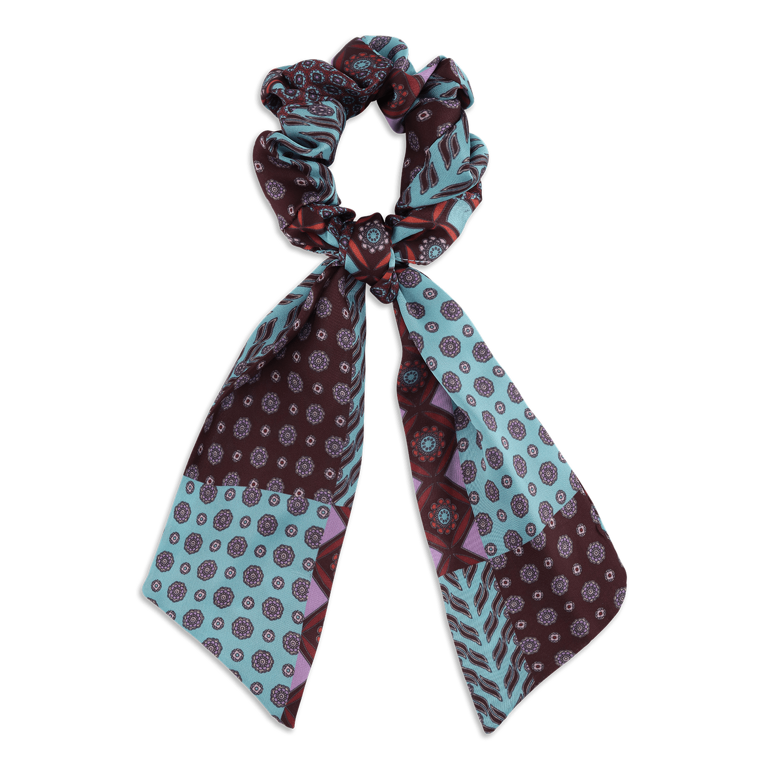 Angela Multi Scrunchie – turkis scrunchie med mønstret tørklæde og elegant design.
