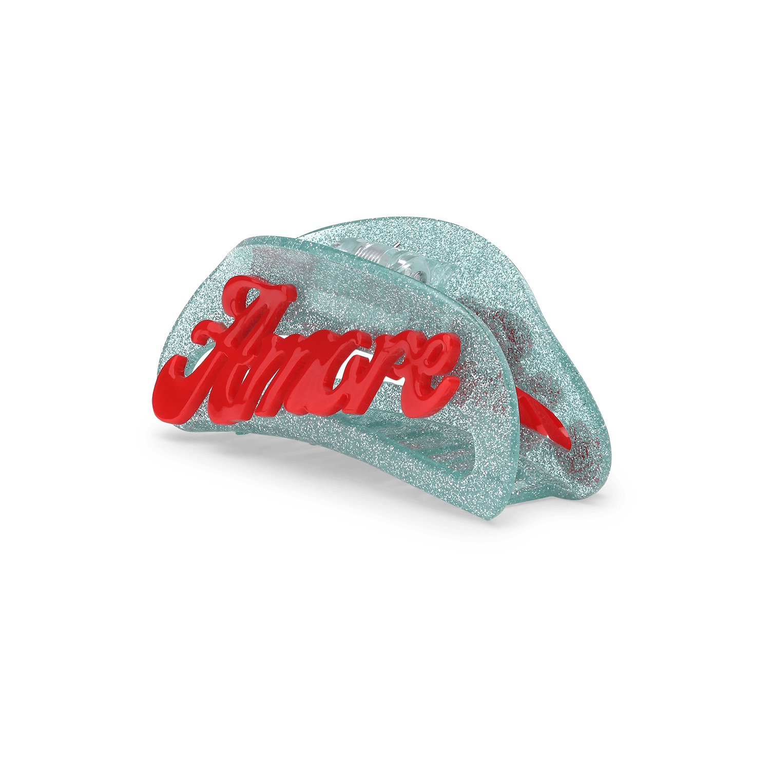 Theresa Text Big – stor turkis glitter hårklemme med rød "Amore"-tekst.