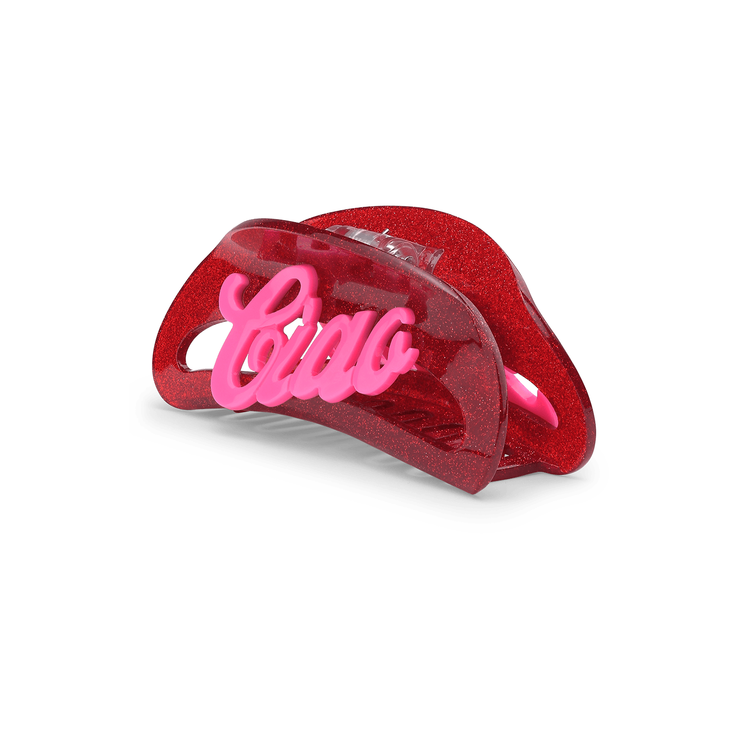 Theresa Text Big – stor rød glitter hårklemme med pink "Ciao"-detalje.