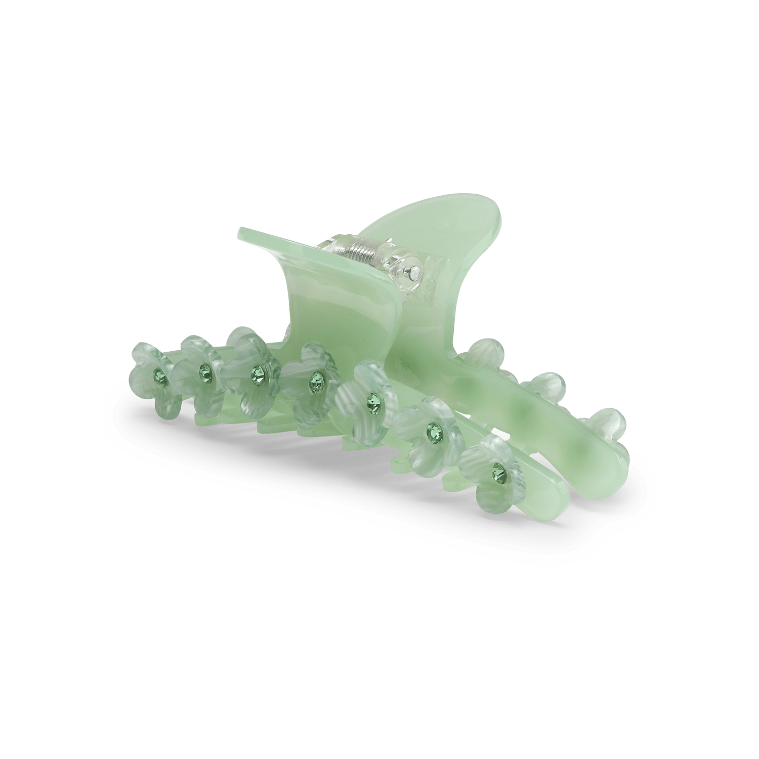 Pistaciegrøn hårklemme med små blomster og glitrende sten.