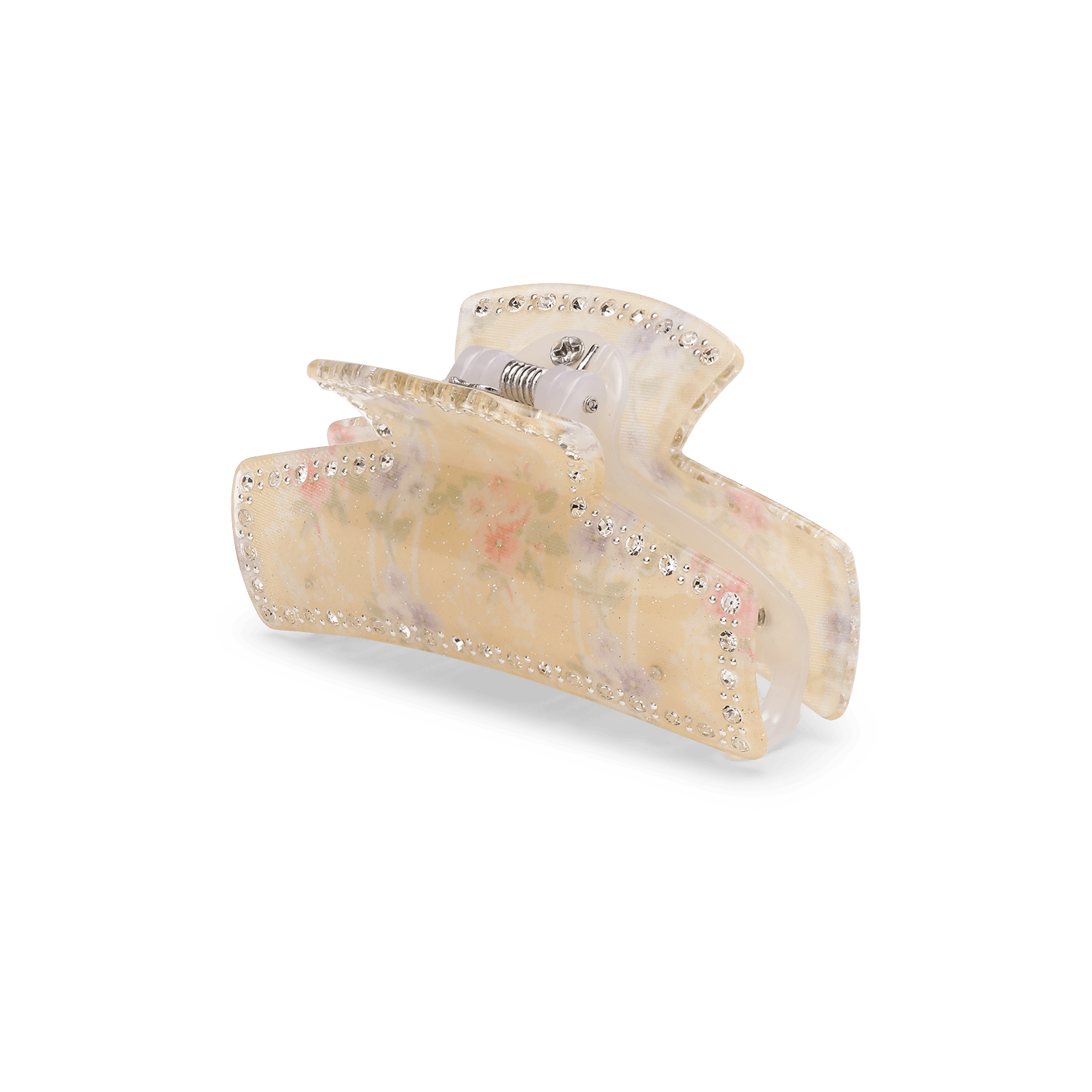 Anna Antique Middle – Vintagegul hårklemme med blomsterprint og glitrende rhinsten.