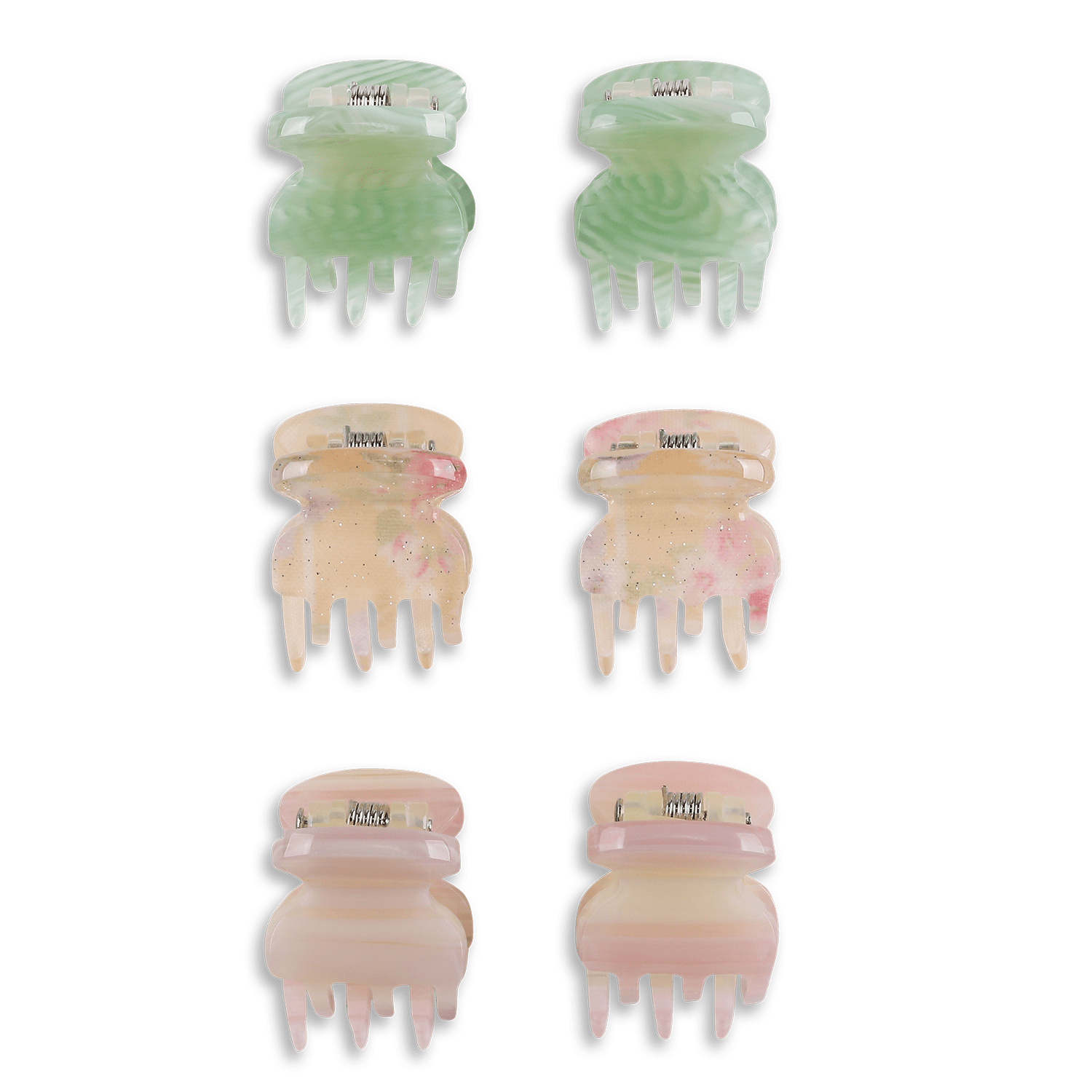 6-pack Tiny Italia Claws – mini hårklemmer i hjerteform med pastelgrøn, lyserød glitter og beige marmor.