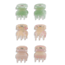 6-pack Tiny Italia Claws – mini hårklemmer i hjerteform med pastelgrøn, lyserød glitter og beige marmor.