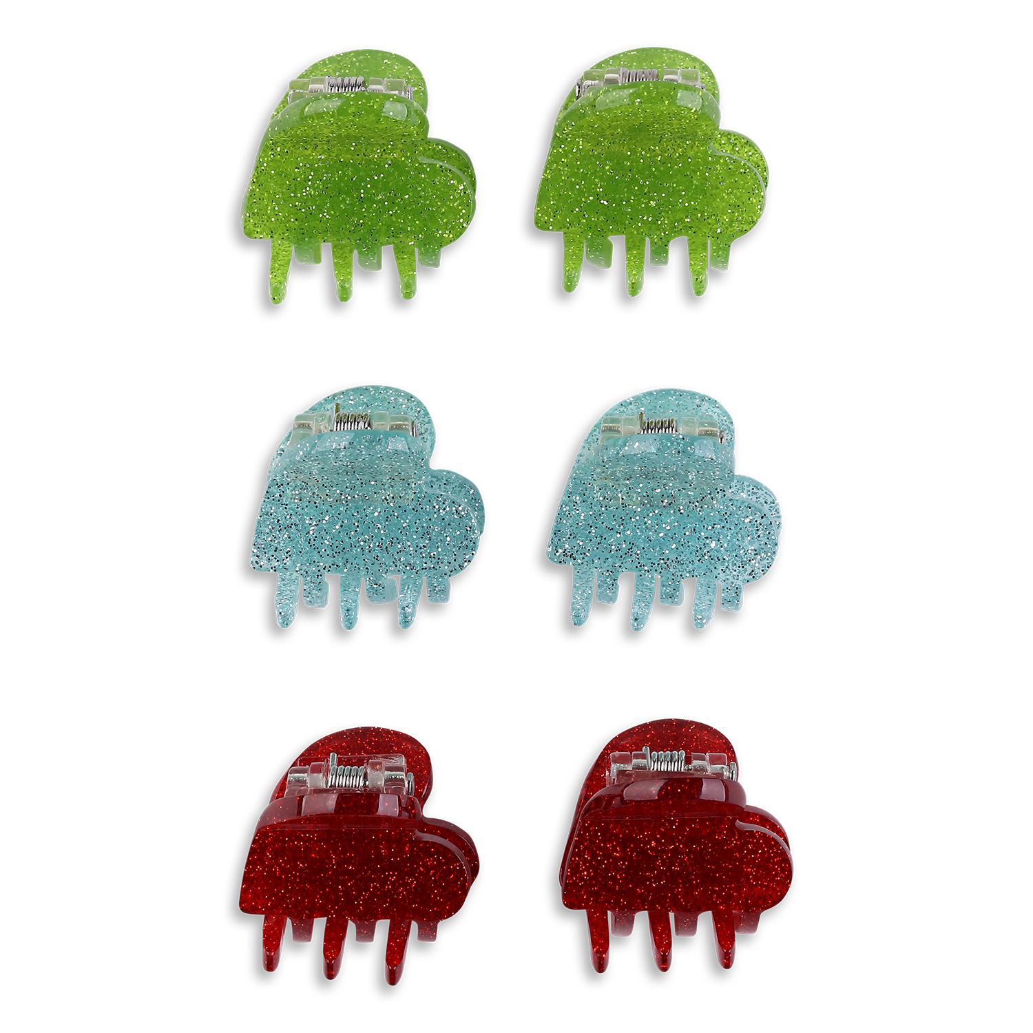 6-pack Tiny Italia Claws – glitrende hjerteformede mini-hårklemmer i grøn, blå og rød.