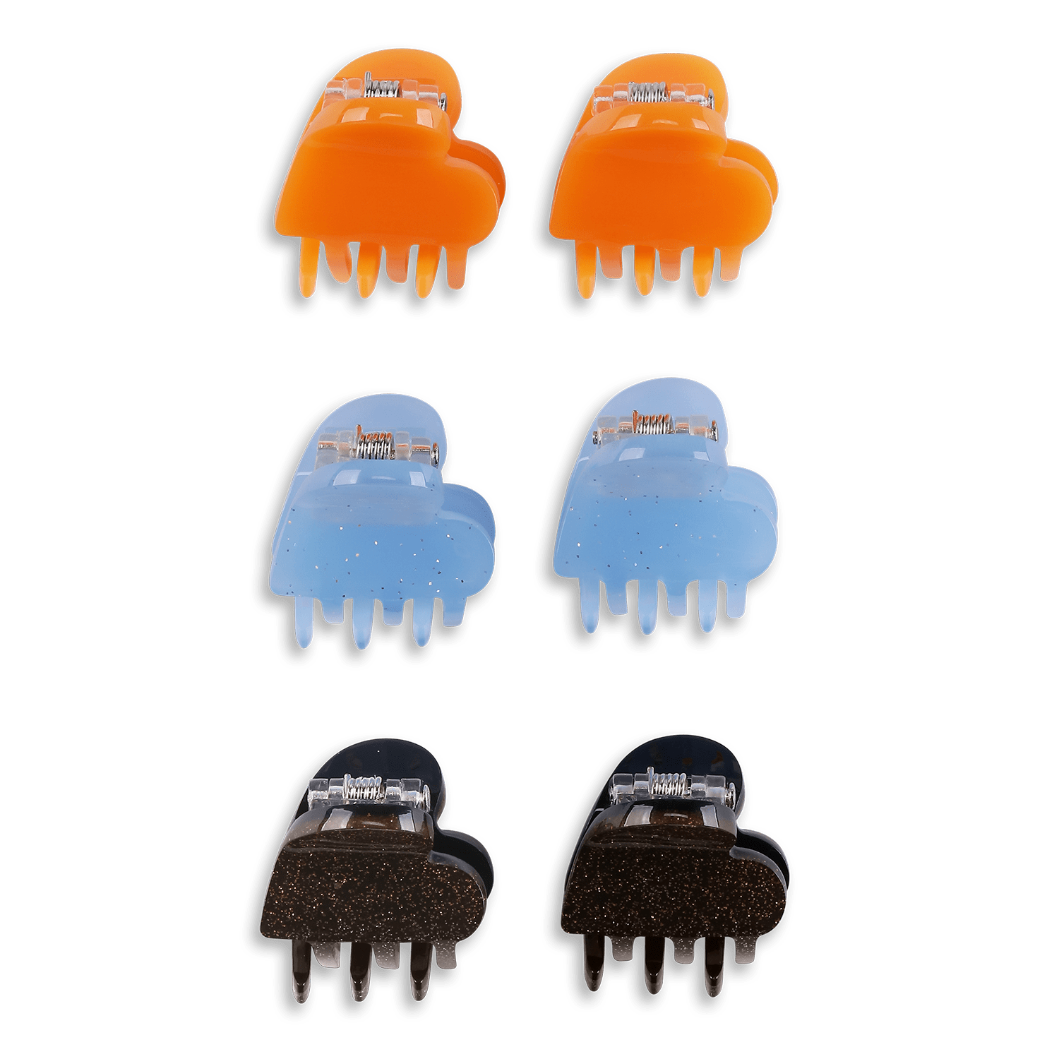 Sæt med 6 små hjerteformede hårklemmer i orange, blå med glimmer og brun med glimmer.