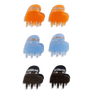 Sæt med 6 små hjerteformede hårklemmer i orange, blå med glimmer og brun med glimmer.