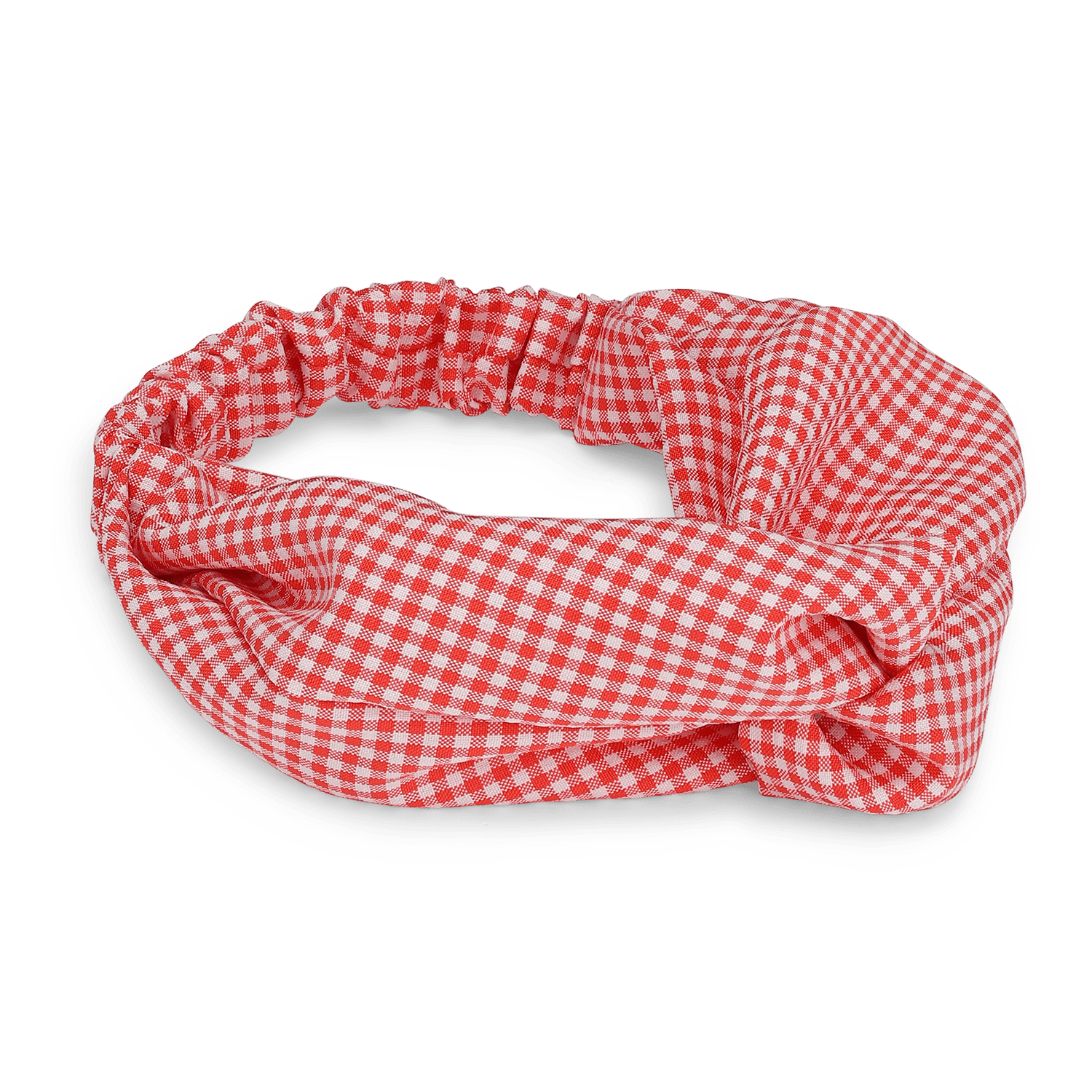 Rødt ternet hårbånd med elastisk pasform og twistet design.