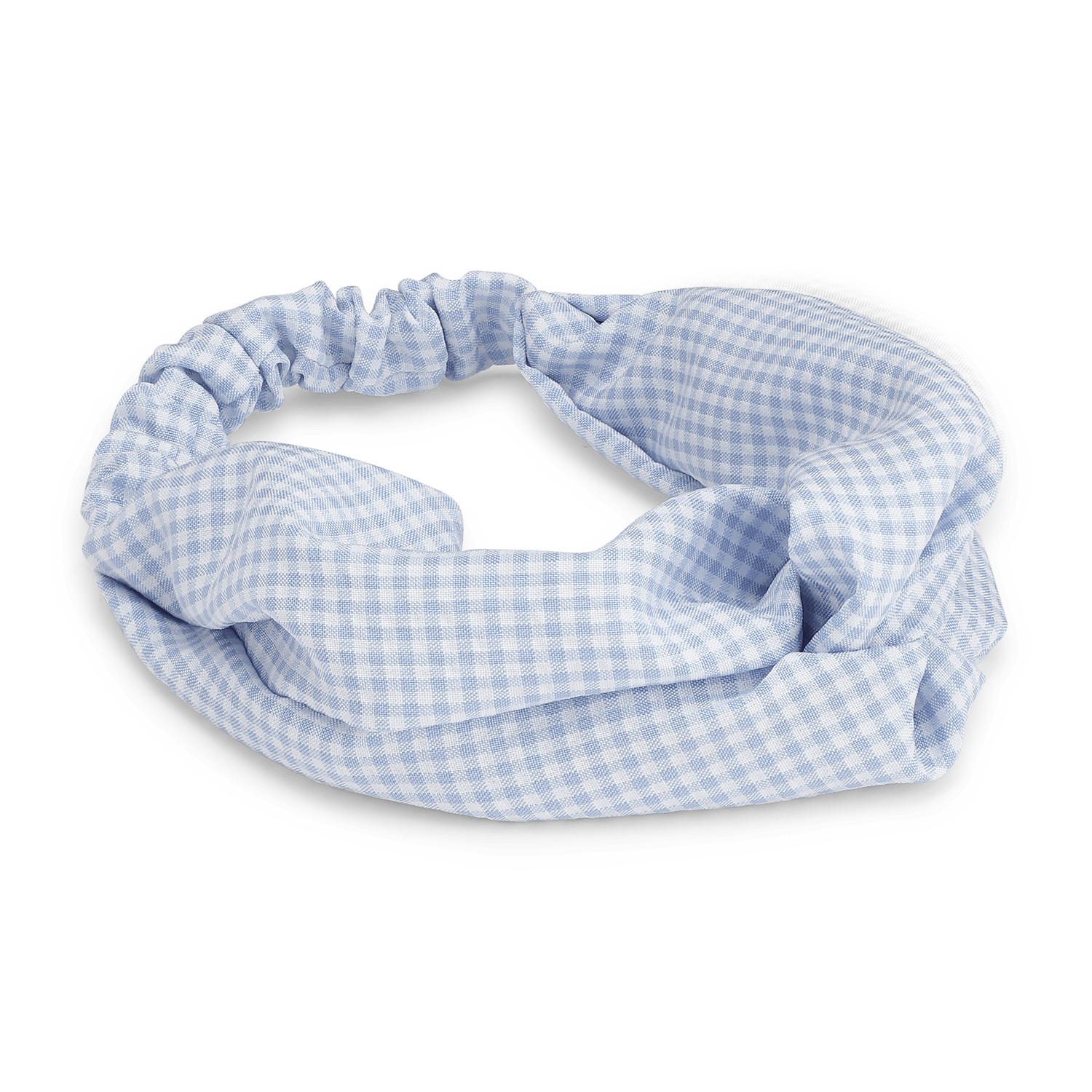 Lyseblåt ternet hårbånd med elastisk pasform og twistet design – en del af Ciao Amore-kollektionen.