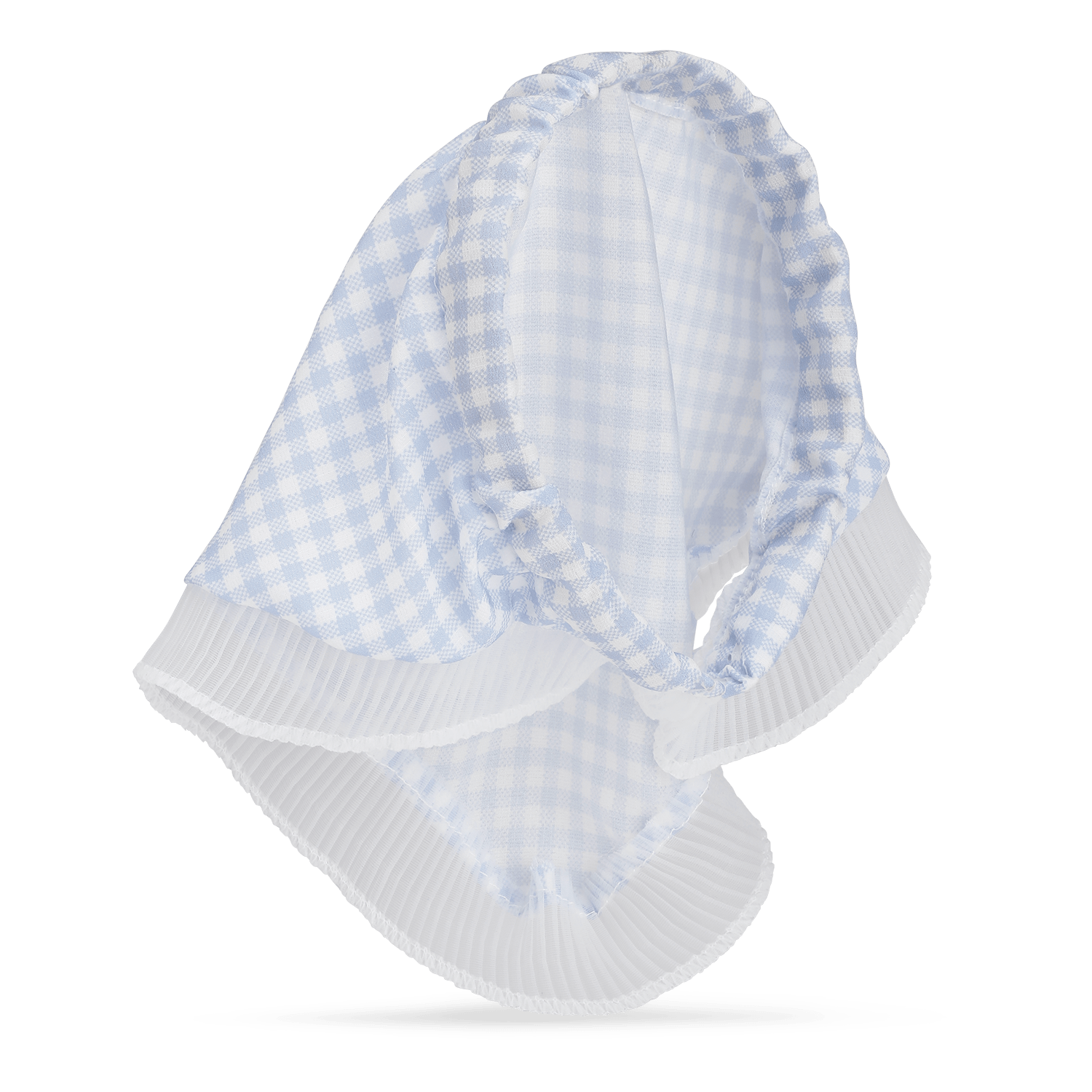 Checkered Headband – Lyseblå hårbøjle med fastgjort tørklæde og hvide plisserede detaljer.