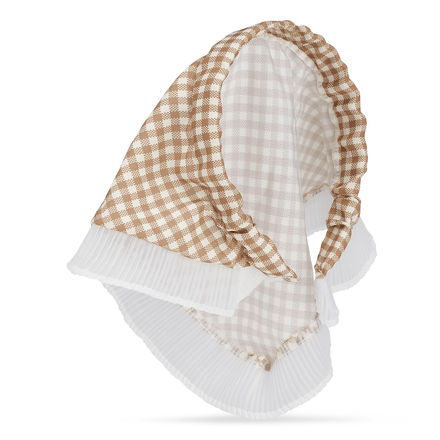 Checkered Headband – Brun hårbøjle med fastgjort tørklæde og hvide plisserede detaljer.