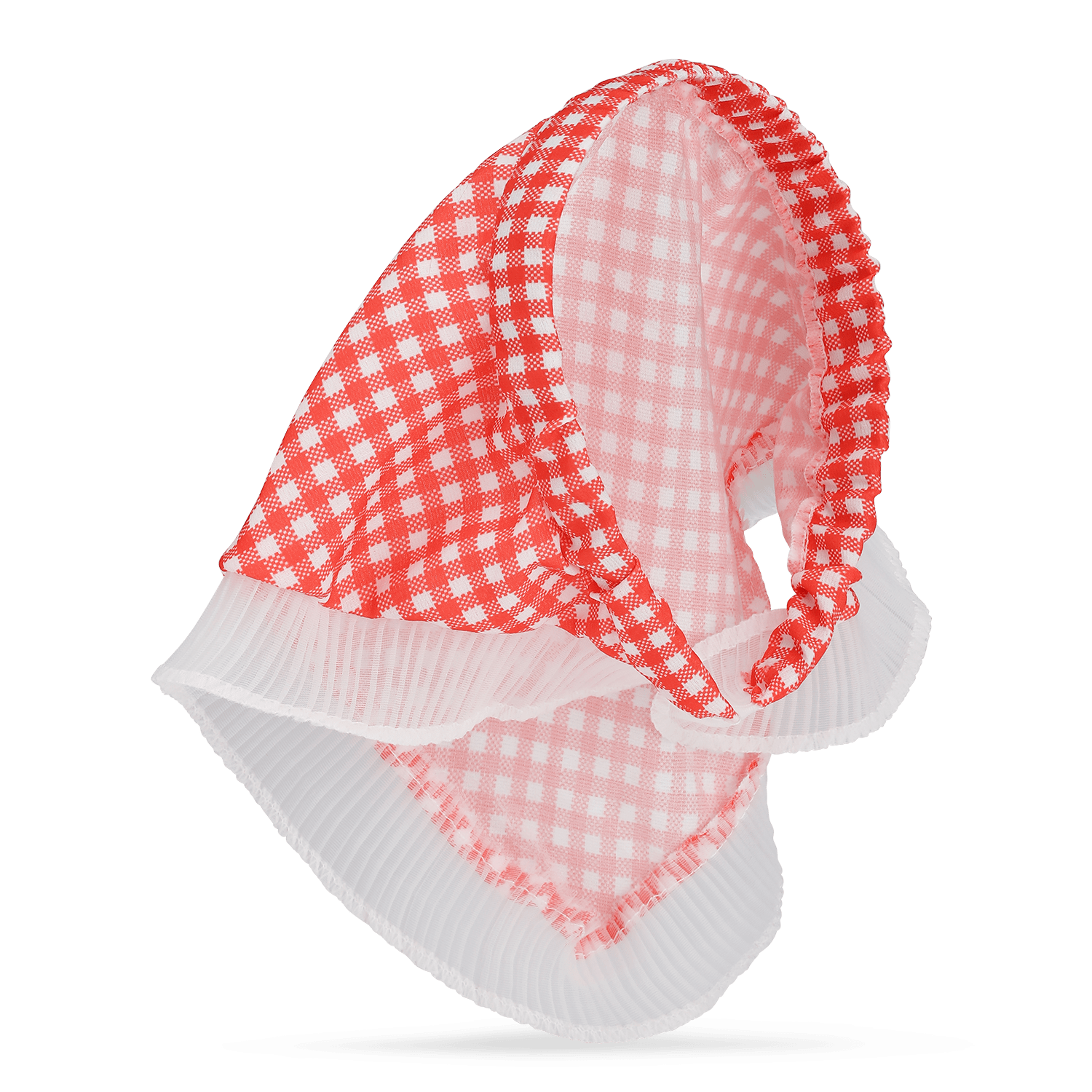 Checkered Headband – Rød hårbøjle med fastgjort tørklæde og hvide plisserede detaljer.