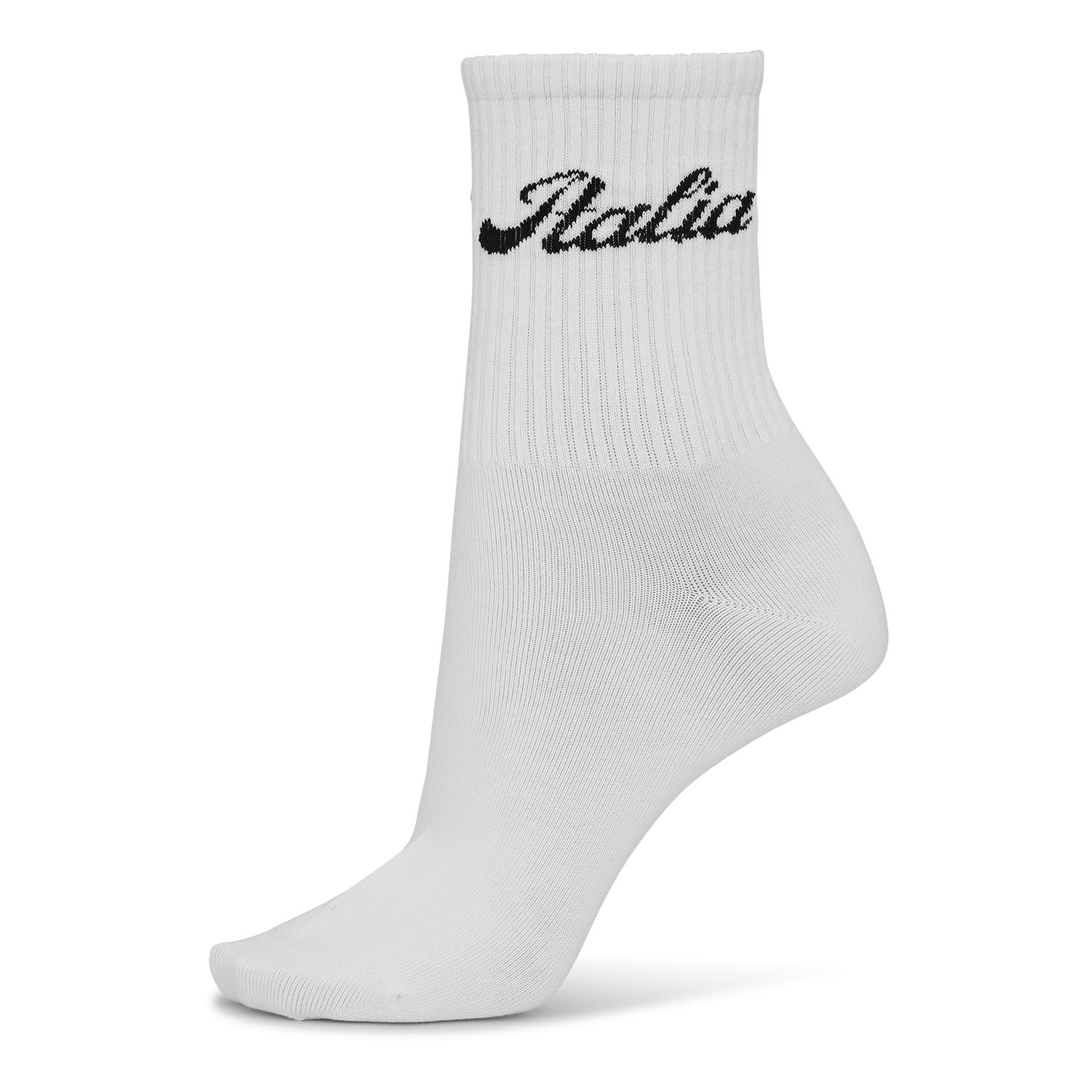 Hvide sokker med ribstrikket kant og "Italia" broderet i sort.