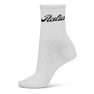 Hvide sokker med ribstrikket kant og "Italia" broderet i sort.