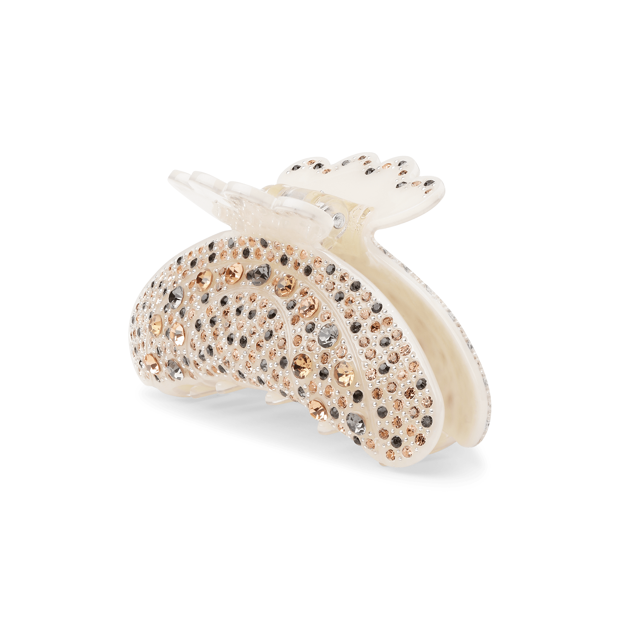 Helen Secret Middle hårklemme i perlemorsfarvet acetat med glitrende rhinsten i gyldne og røgfarvede nuancer.