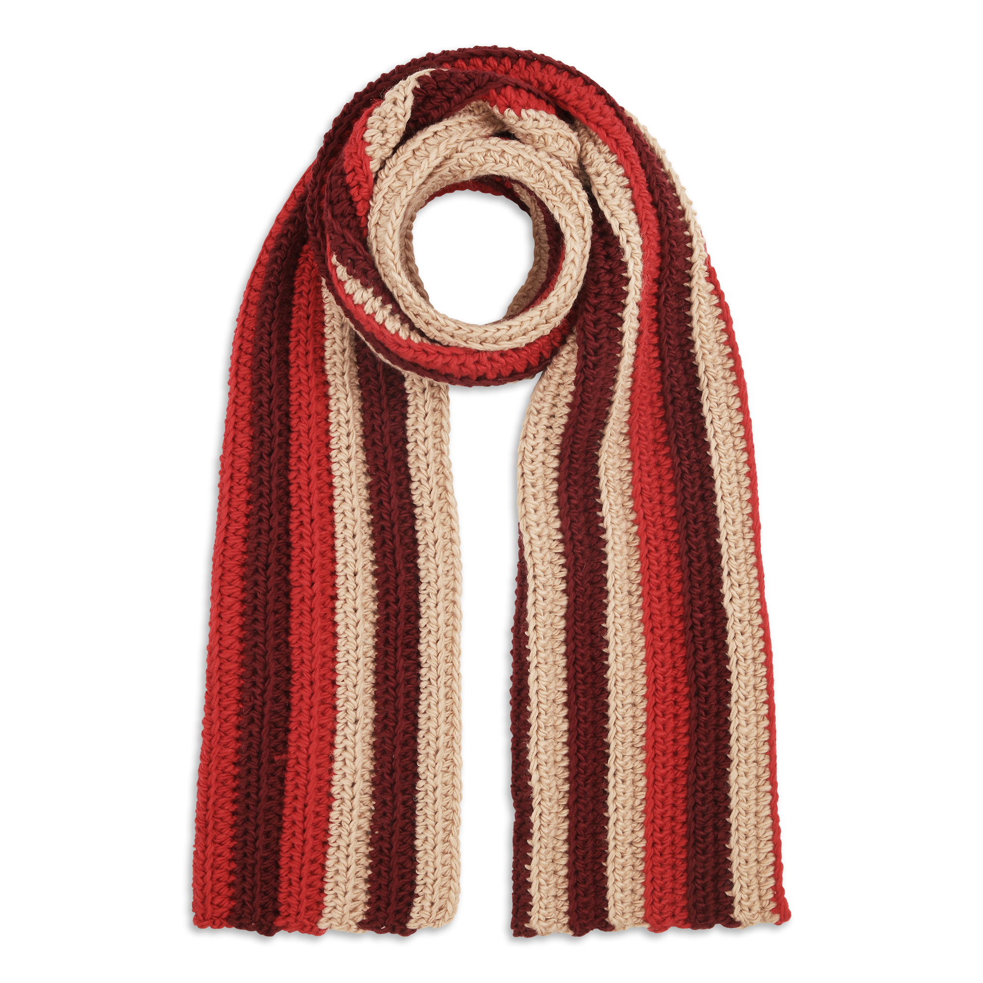Walter Scarf i strikket design med brede striber i rød, creme og bordeaux – varmt og chunky halstørklæde