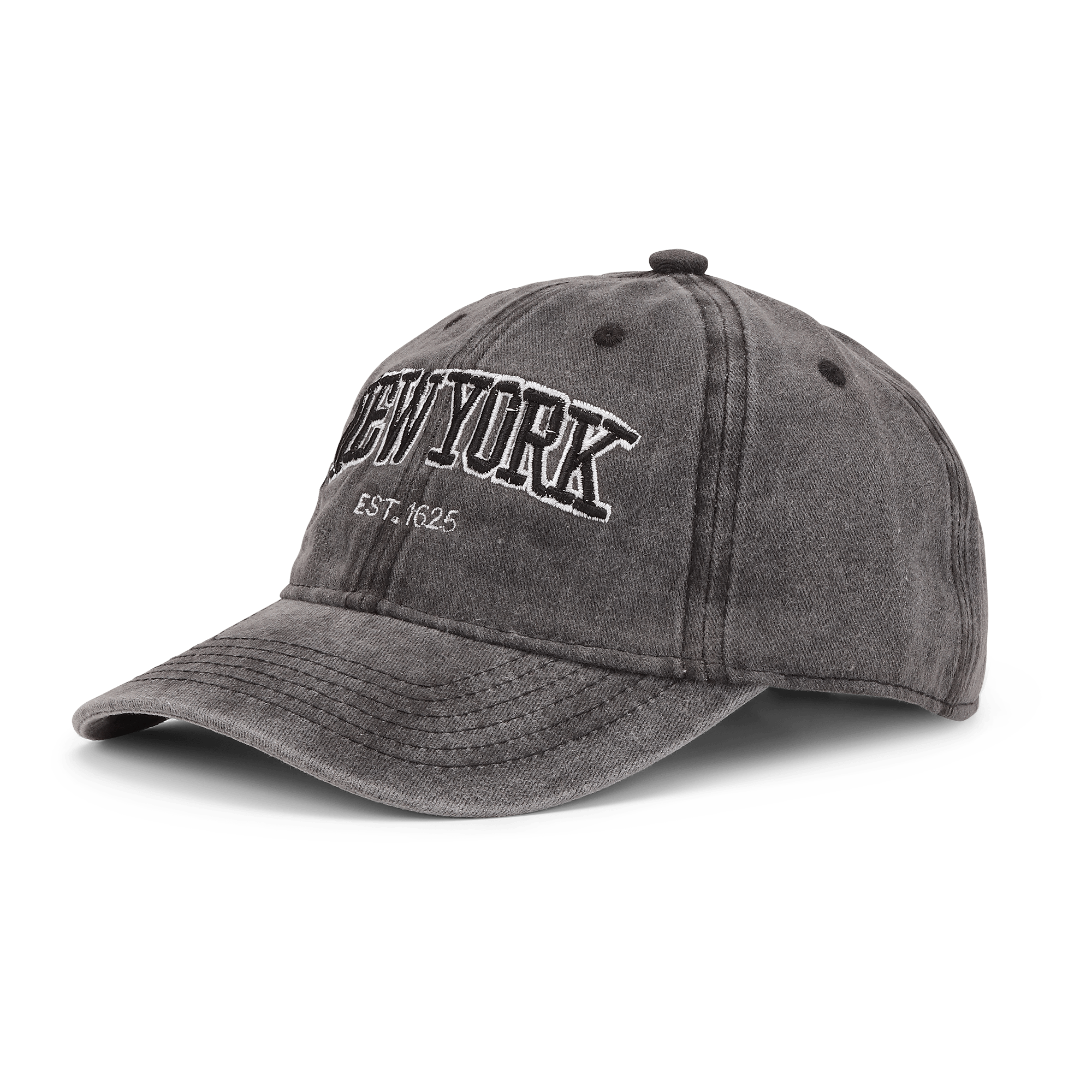 Washed black baseball cap med buet skygge og broderet NEW YORK EST. 1625-logo