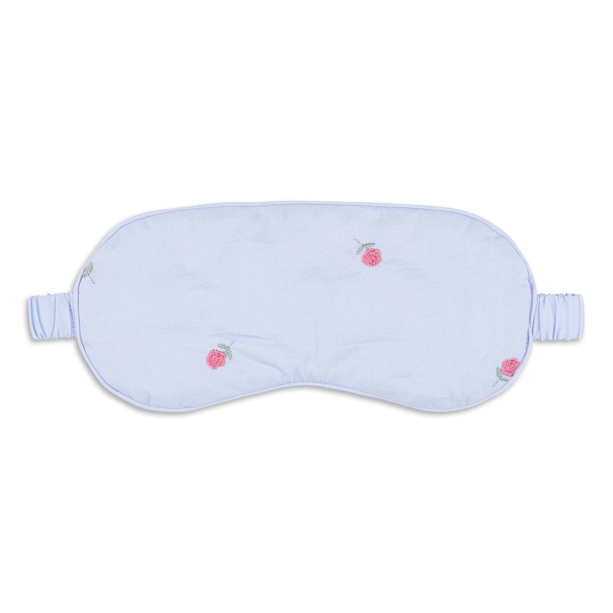 Lyseblå sovemaske i bomuld med broderede røde blomster og elastik, vist sammen med matchende opbevaringspose.