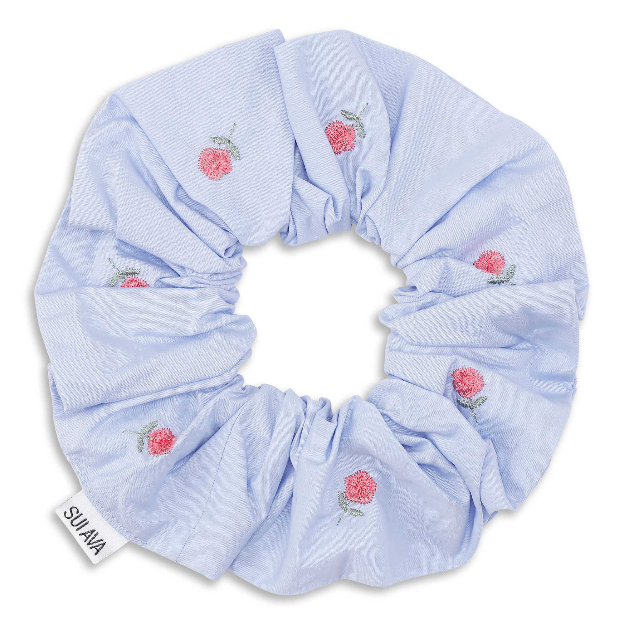 Lyseblå scrunchie i blød bomuld med rosa blomsterbroderier fra SUI AVA