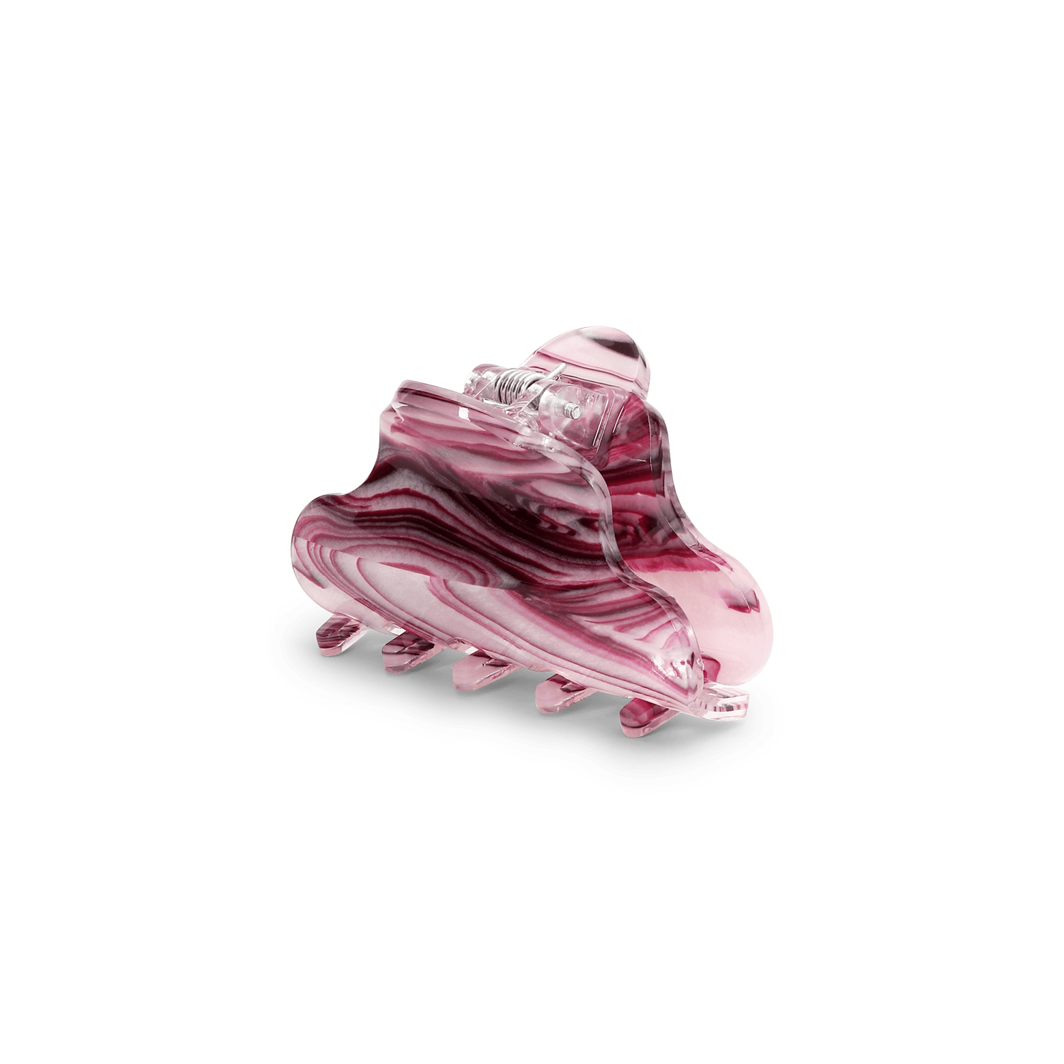 Lene Ember Mini – lille hårklemme med bølget form og marmormønster i lyserøde og bordeaux nuancer.