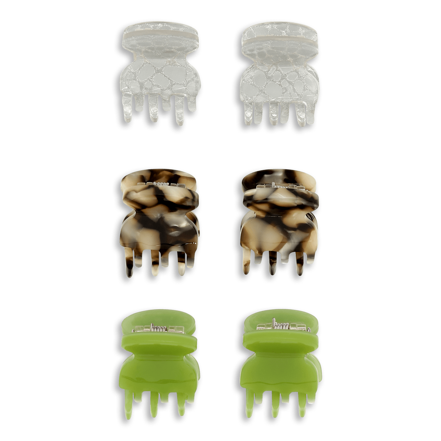 6 små SUI AVA hårklemmer i klar, brunmønstret og lysegrøn – perfekte til små hårtotter og kreative frisurer.
