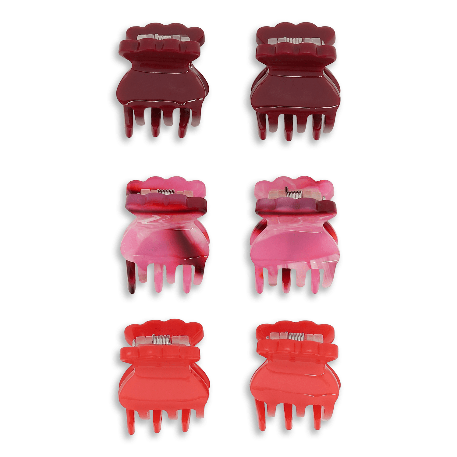 6-pack Tiny Peppermint Claws i røde og pink nuancer – små farverige hårklemmer