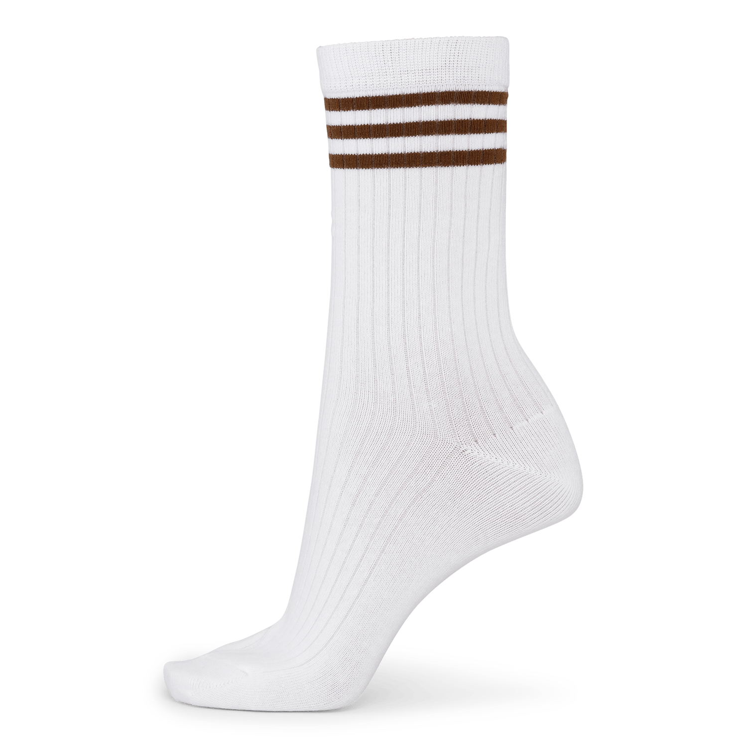 Hvid ribstrikket sportssok med tre brune striber ved skaftet, Retro Sport Stripe Socks fra SUI AVA