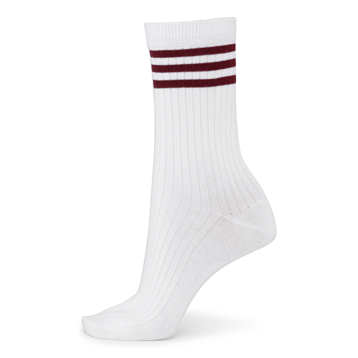 Hvide ribstrikkede sokker med burgundy striber ved anklen – Retro Sport Stripe Socks fra SUI AVA