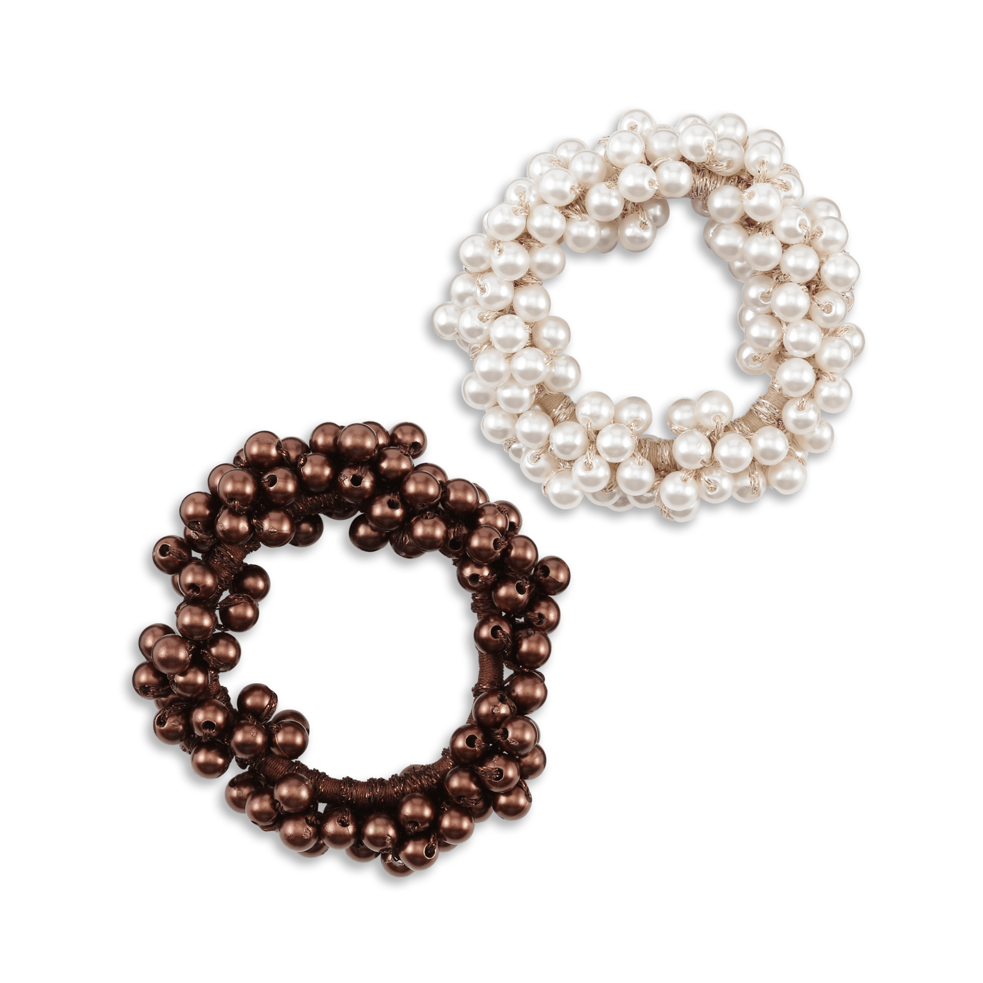 2-pack hårelastikker pyntet med små perler i beige og brun – dekorative og elastiske accessories fra SUI AVA.