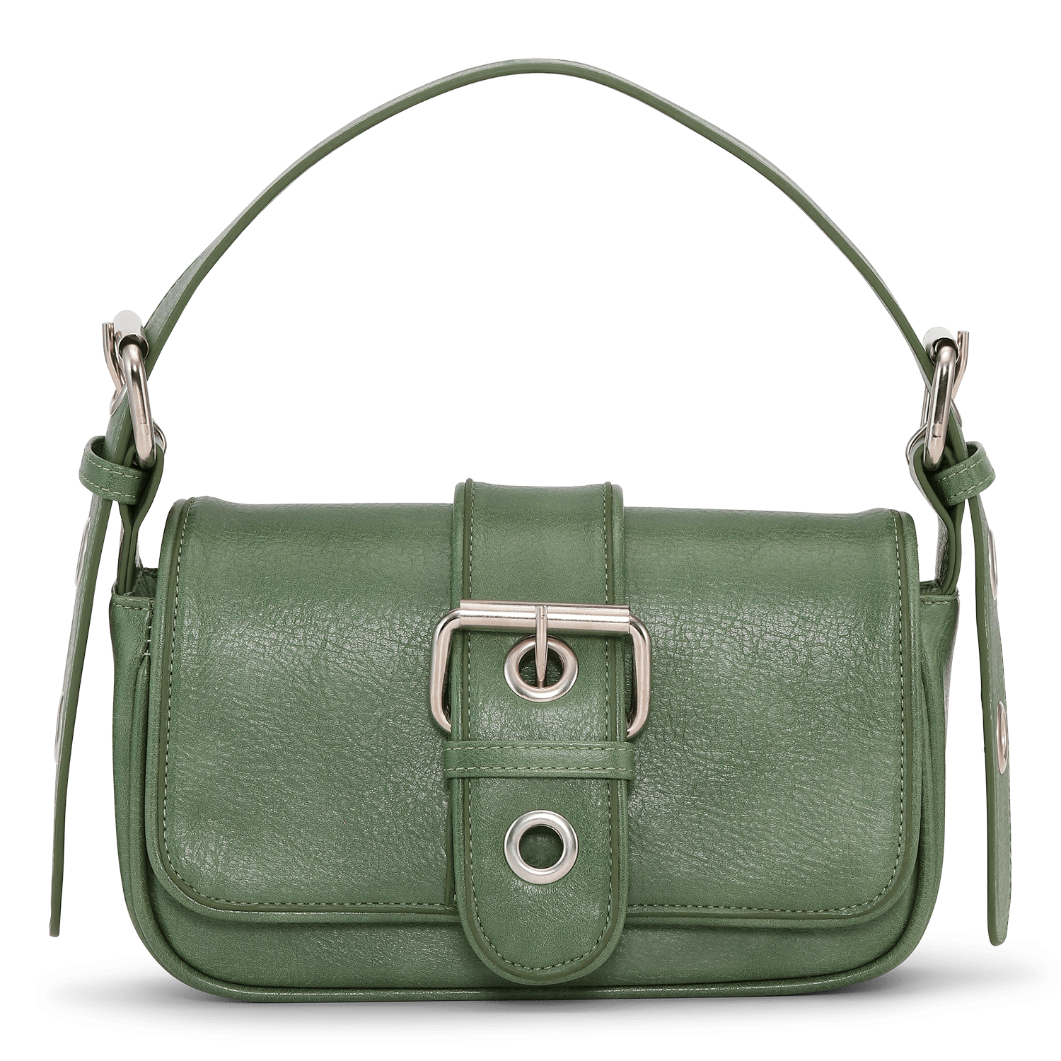 SUI AVA Buckle Bag – grøn skuldertaske i læderlook med spænde og sølvdetaljer.