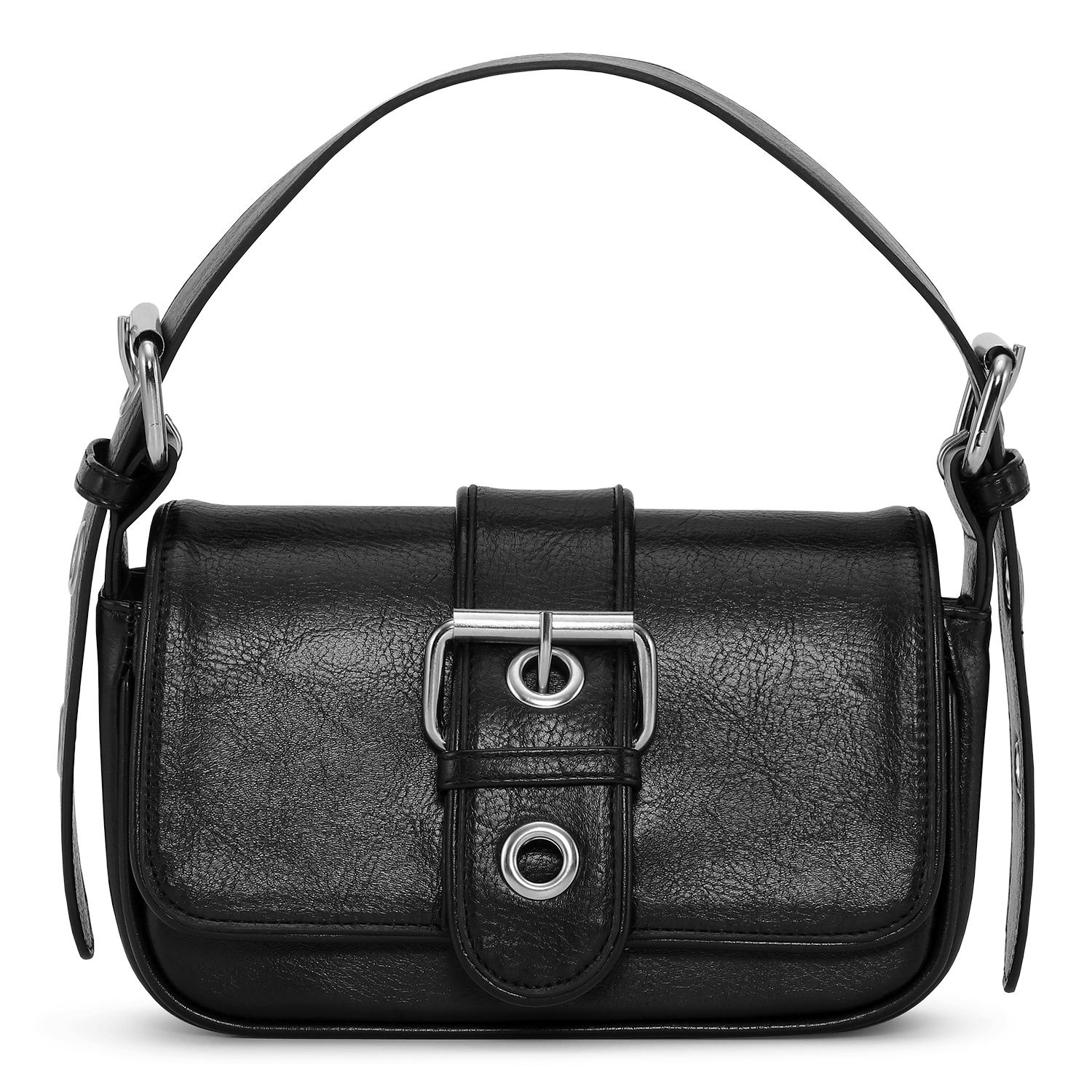 SUI AVA Buckle Bag – sort skuldertaske i læderlook med spænde og sølvdetaljer.