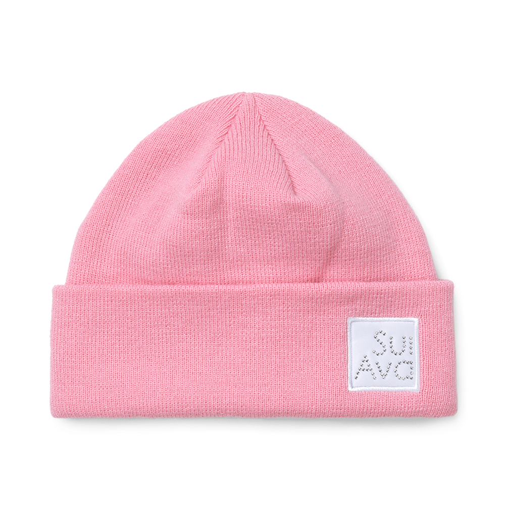 Lyserød Christina Beanie hue med foldet kant og SUI AVA-logo dekoreret med strassten