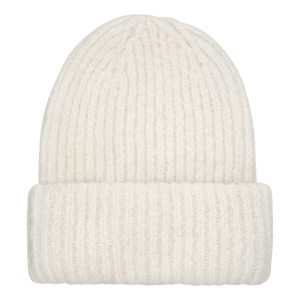 Sisse Beanie – hvid chunky strikhue med bred opsmøg i blød uldblanding