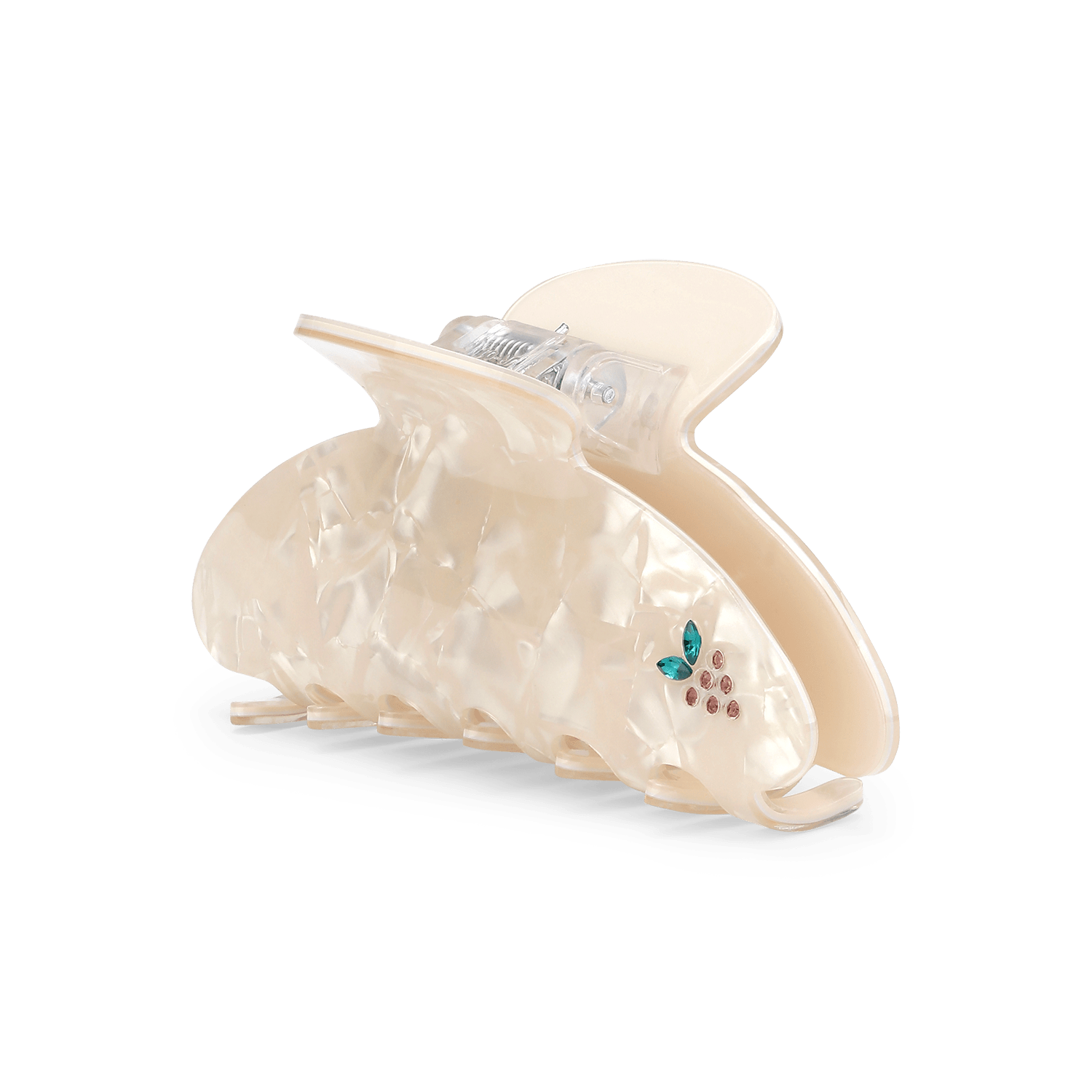 Ida Frutta Big – creamfarvet hårklemme med perlemorsskær og rhinsten-detalje i form af vindruer.