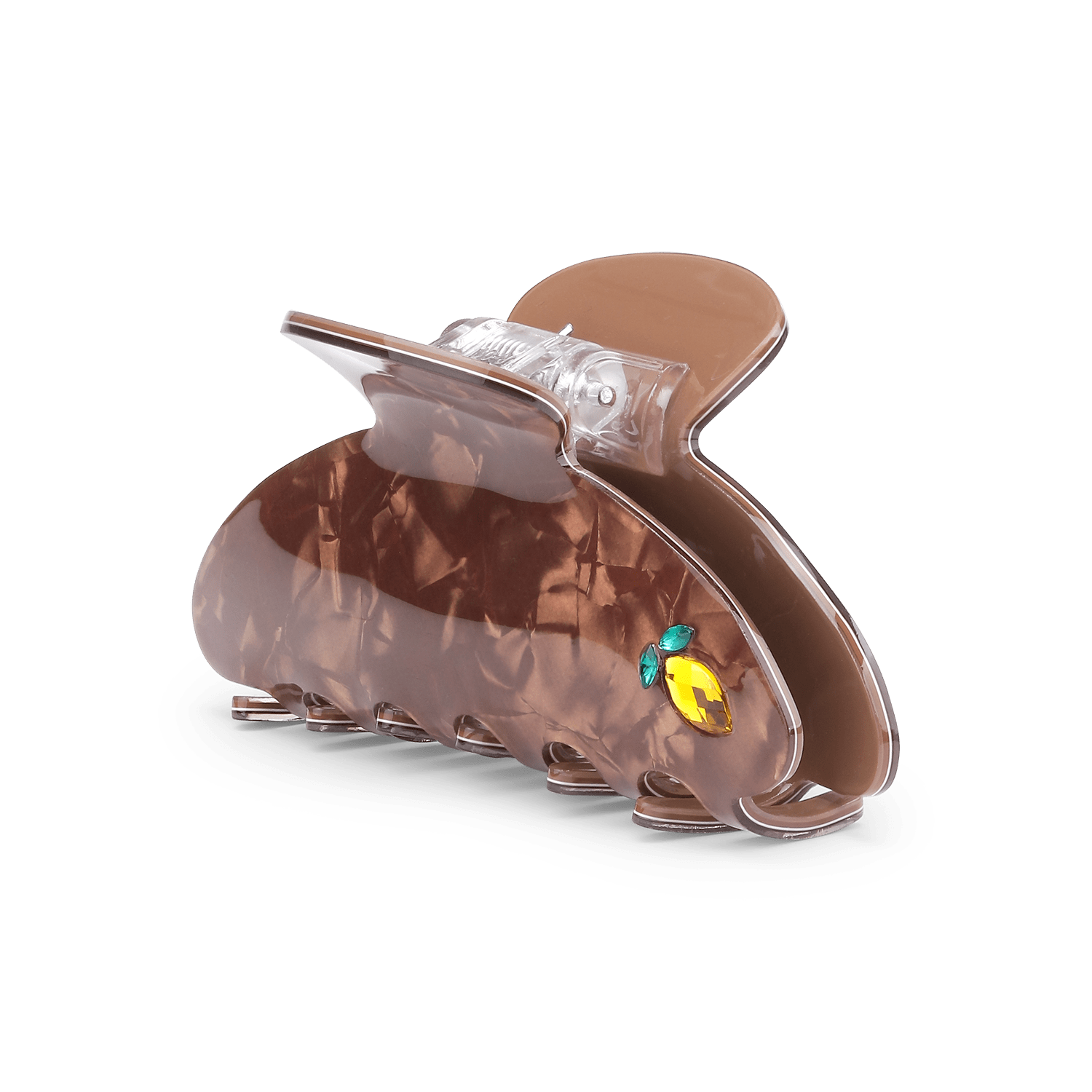 Ida Frutta Big – Brun hårklemme med glitrende citron-detalje i rhinsten.