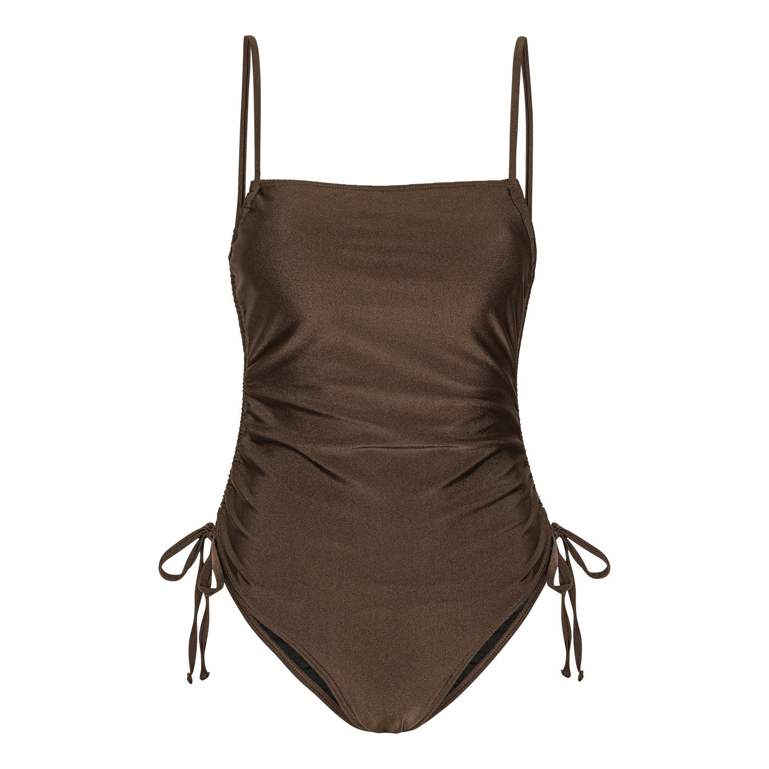 Bondi Swimsuit – brun badedragt fra SUI AVA SWIM med justerbare snører og fleksibel pasform.