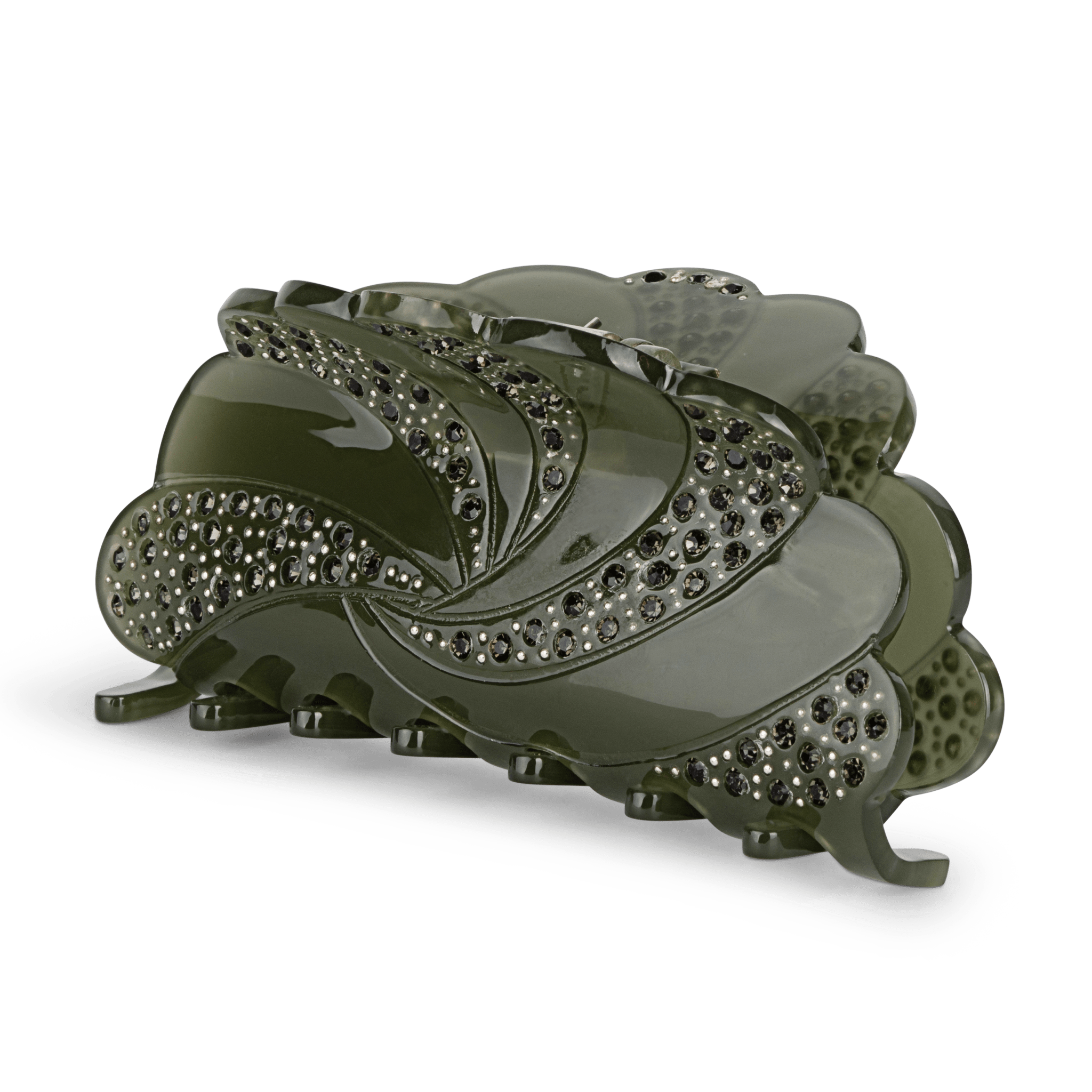 Maybritt Release Big hårklemme i dyb grøn med sorte rhinsten, elegant design til langt og kraftigt hår.