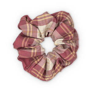 Stor ternet scrunchie i vinrød, beige og gule nuancer fra SUI AVA