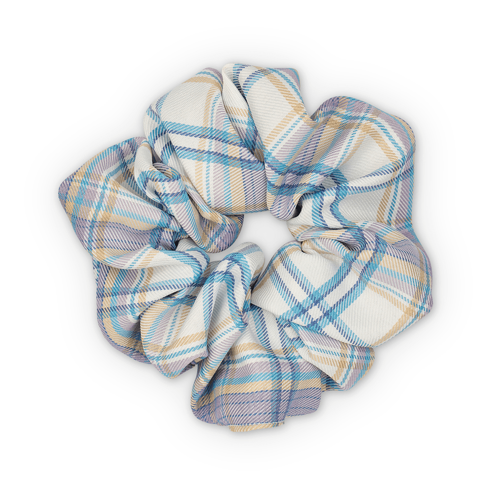 Stor Ebba Check scrunchie fra SUI AVA i blå, lilla og cremefarvede tern